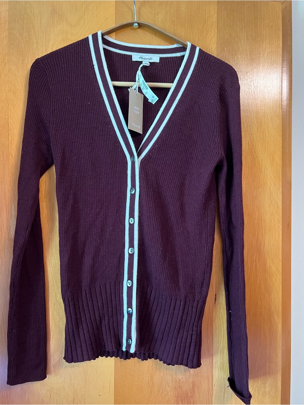 Madewell Plum Button-Front V-Neck Cardigan with Ivory Trim